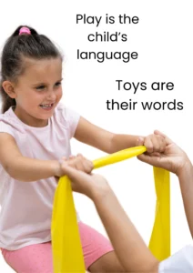 This image shows a smiling child holding a yellow band while text emphasizes the importance of play.