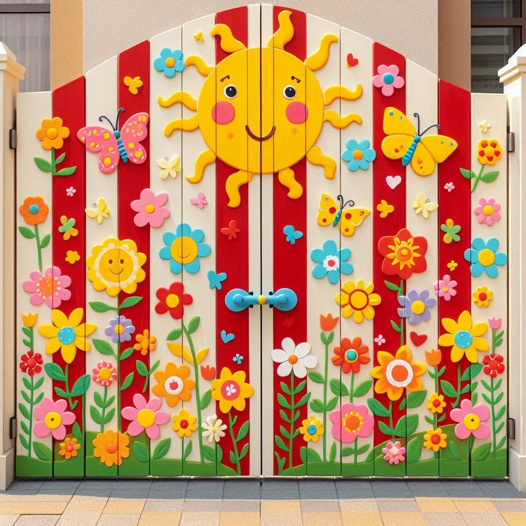 This is a colorful, cheerful gate with a smiling sun, butterflies, and flowers in bright yellow, red, and blue. It creates a lively, happy feeling for visitors.