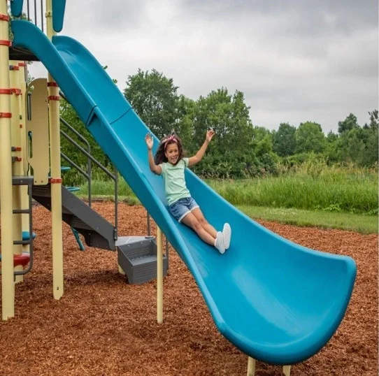 A child is sliding down a slide in a playground with trees in the background