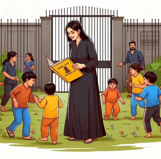 There is a gate in the background and a lady dressed in black color is holding a book of Juvenile justice. There are children playing around her.