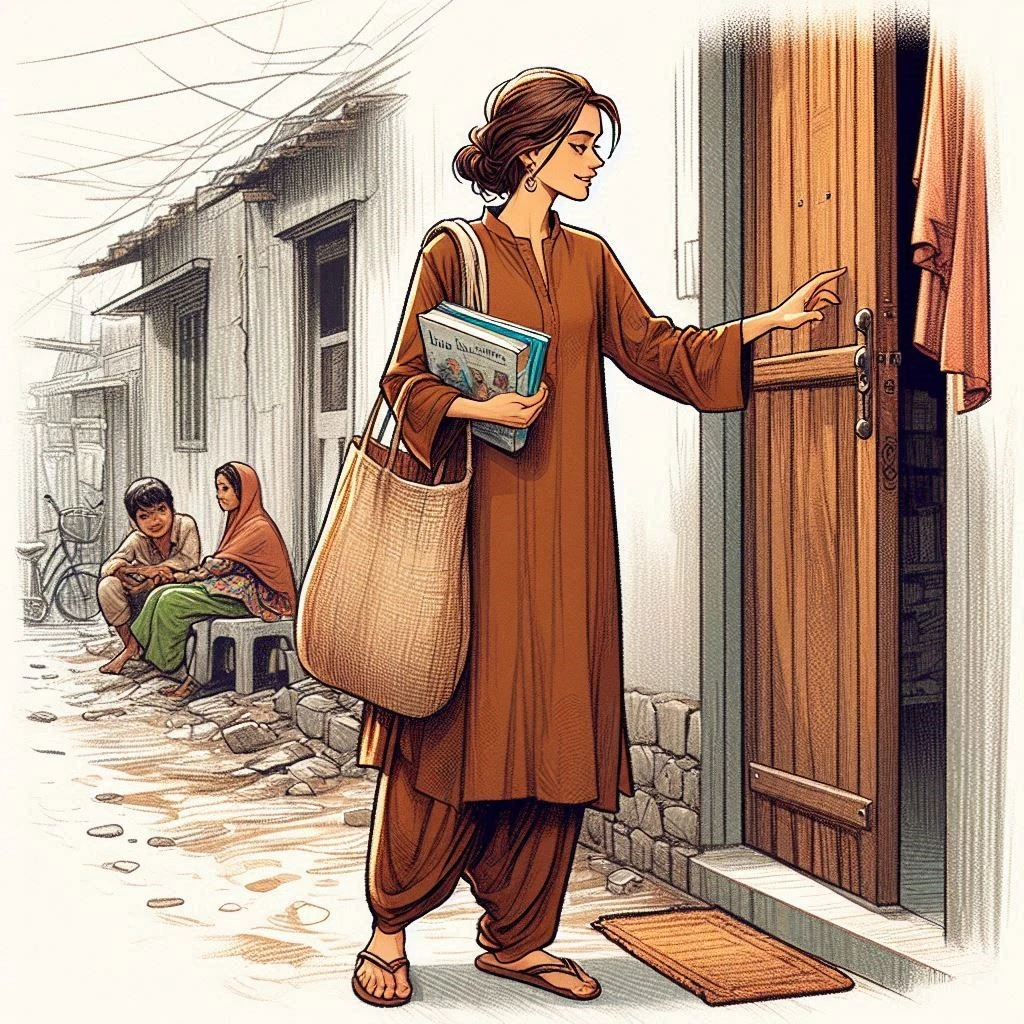 A lady is dressed in brown kurta and pants holding a book in her hand and has bag in her shoulders. She is knocking the door of a house. There is a woman and child in the background who are sitting next to door of other houses in the locality.